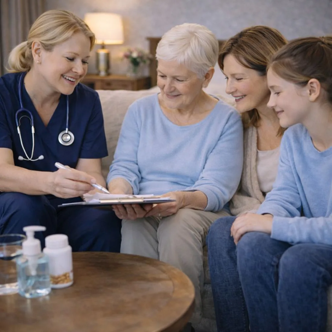 Enfermeira da DulceCare orientando família durante atendimento de home care em Salto e Itu